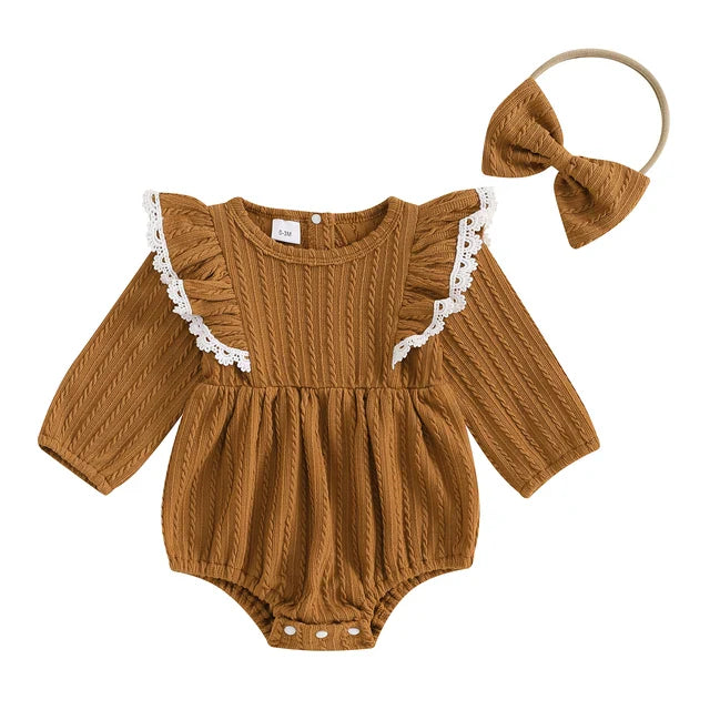 Brown Cable Knit Ruffle Romper