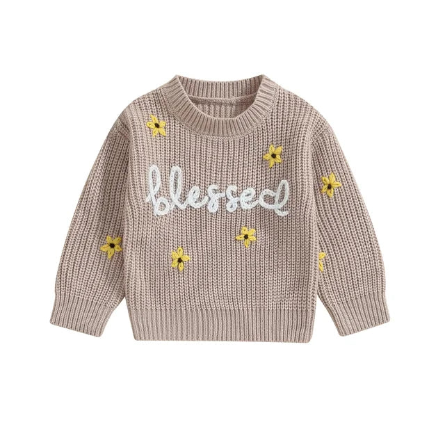 Embroidered Beige Blessed Sweater