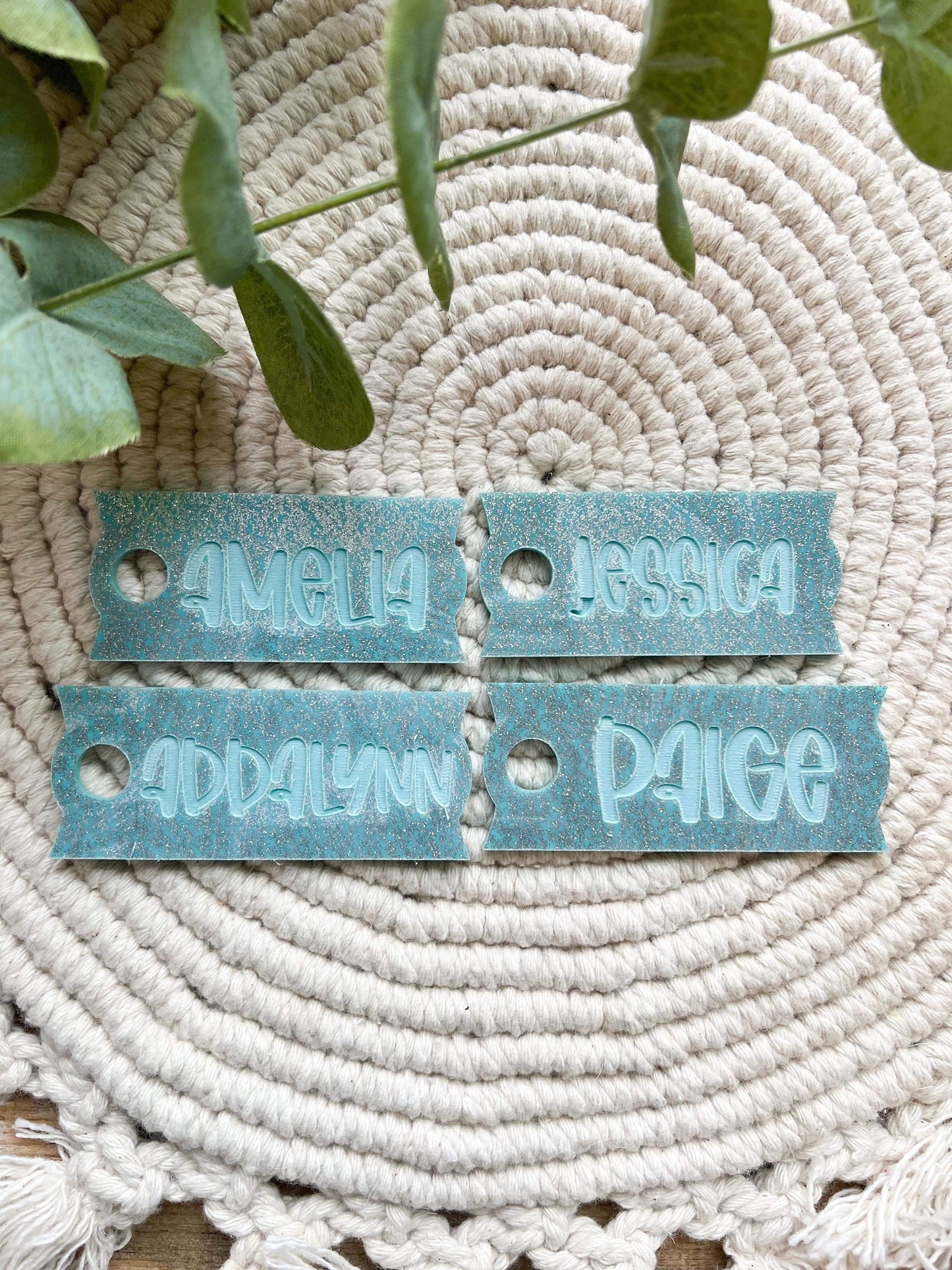 Teal Glitter Name Cup Tag