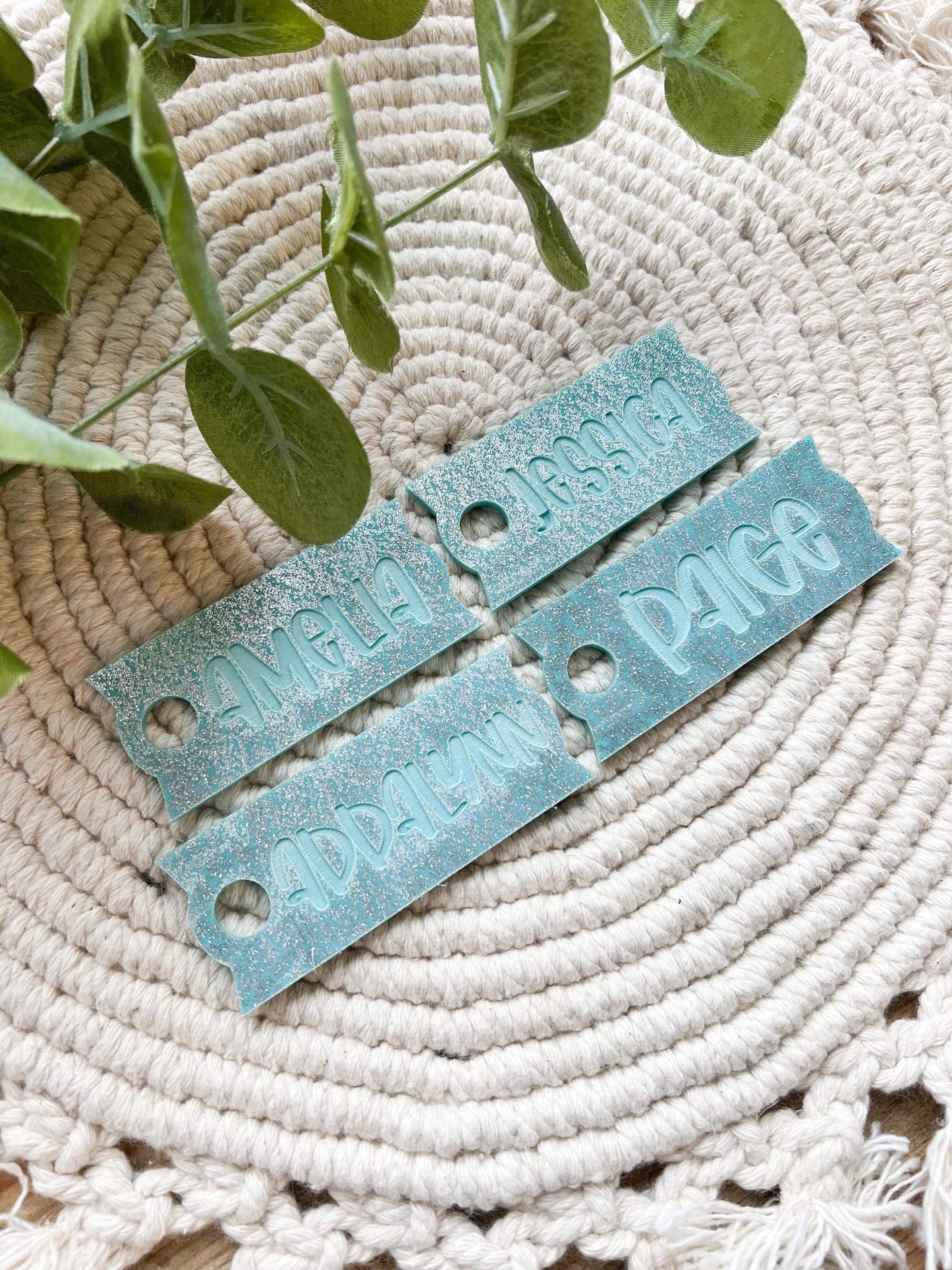 Teal Glitter Name Cup Tag