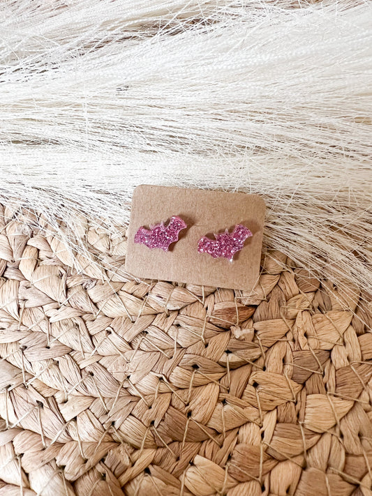 Pink glitter bat studs