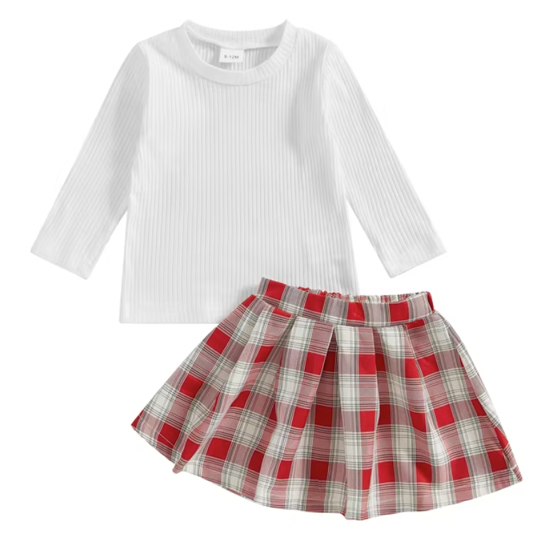 White Long Sleeve Red Plaid Skirt Set