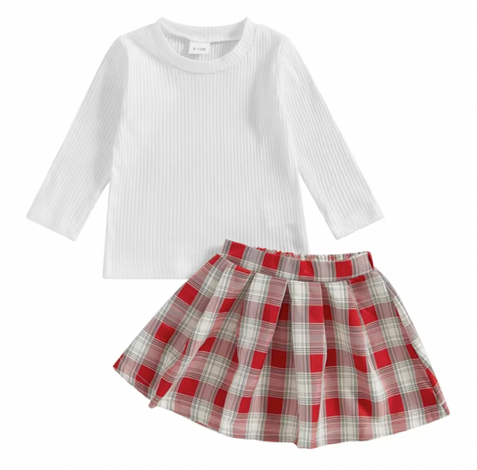 White Long Sleeve Red Plaid Skirt Set